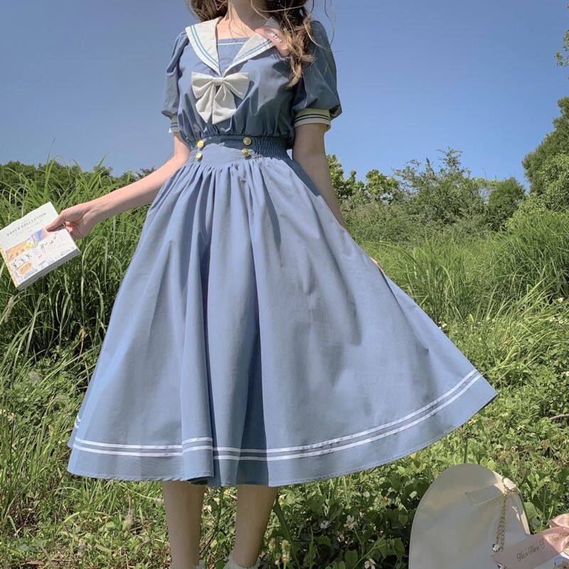 Genuine Authorization Dress for Women Harajuku Sailor Collar Navy Dress Japanese Lolita Sweet Bow-knot Girl Retro Cotton Kawaii Preppy Style Short Sleeve Dress Women