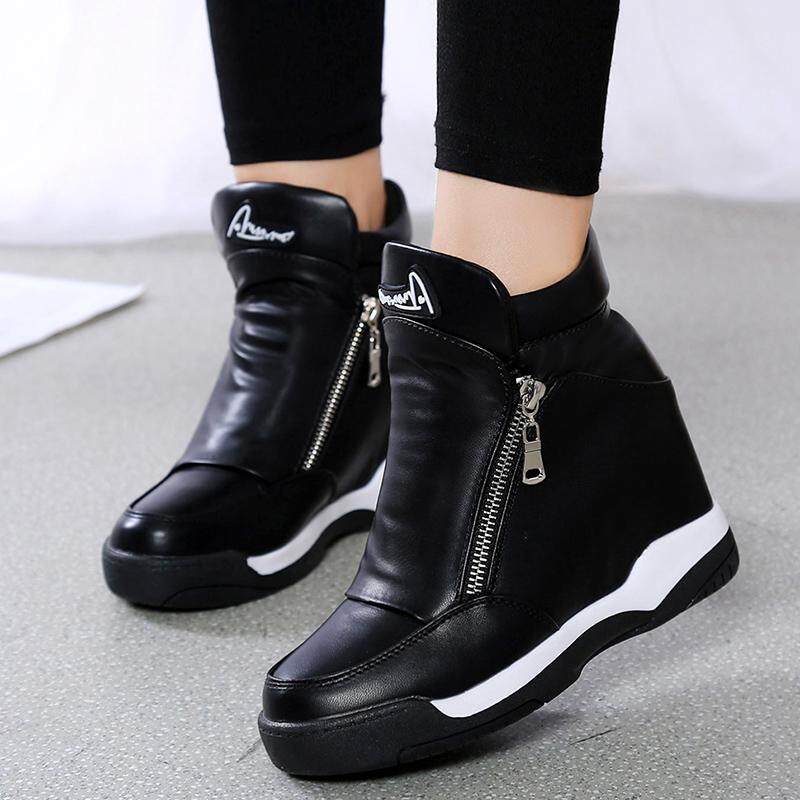 Gaya Korea Sepatu Golden Goose 8 cm ritsleting Sepatu Engkel Tinggi perempuan 2018 musim gugur musim dingin Tambah beludru sepatu lapisan tunggal sepatu wanita hak wedges pariwisata sepatu kasual