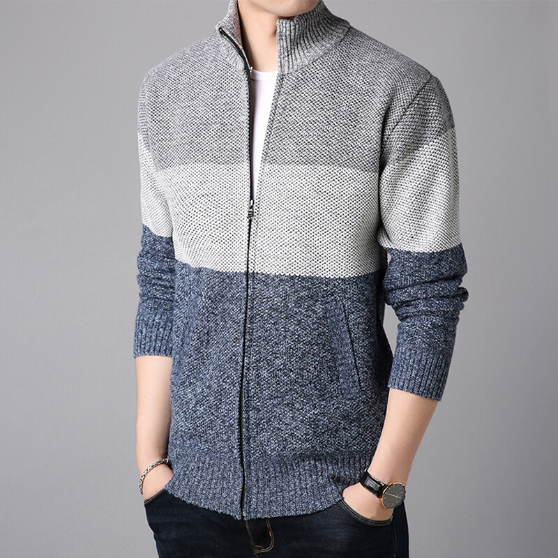 Áo Cardigan Cao Cổ Cho Nam FAVOCENT, Áo Len Đan Chắp Vá, Dáng Ôm