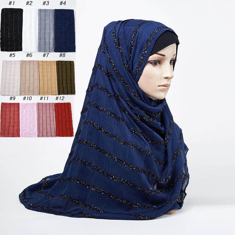 Cincin Bergaris Katun Linen Selendang Syal untuk Wanita Muslim Jilbab Pashmina Jilbab Bawal Arab Sorban WJ432