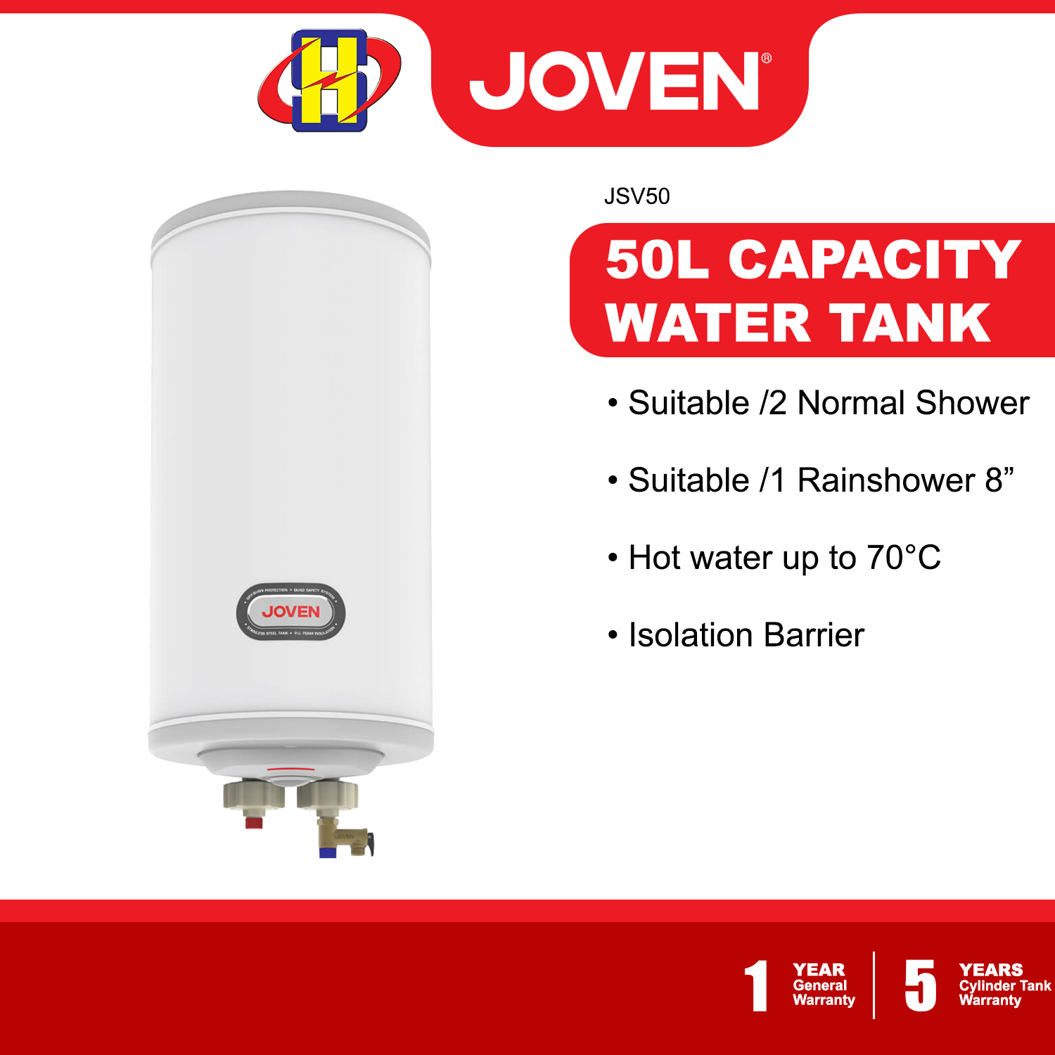 Joven Storage Water Heater (25L/35L/50L) Vertical Model Stainless Steel