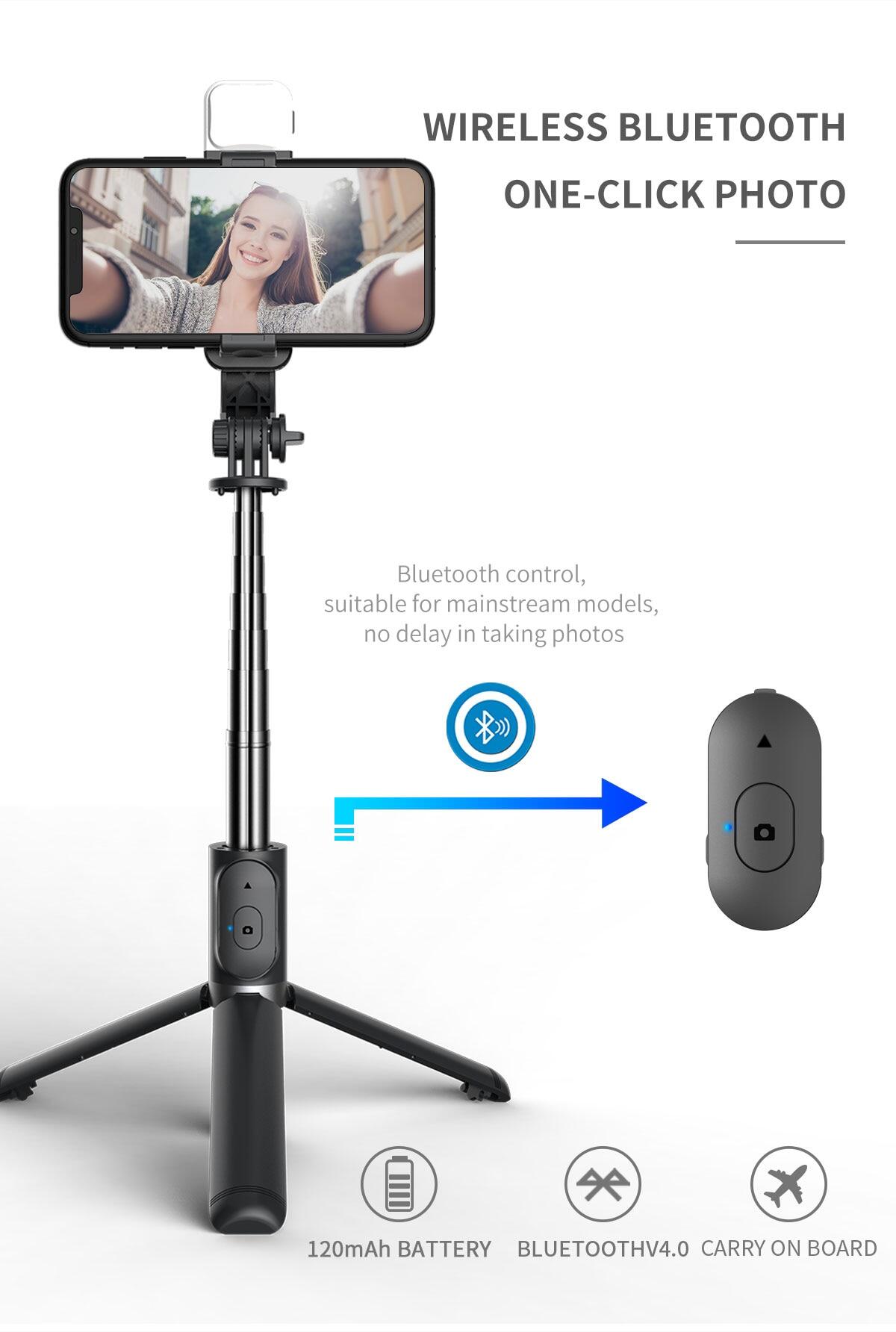 🔥 Q02s Wireless Bluetooth Tripod Mobile Phone Stabilizer Selfie Stick shutter for IOS Android Smartphones Vlog Record  Mini Portable with LED fill light