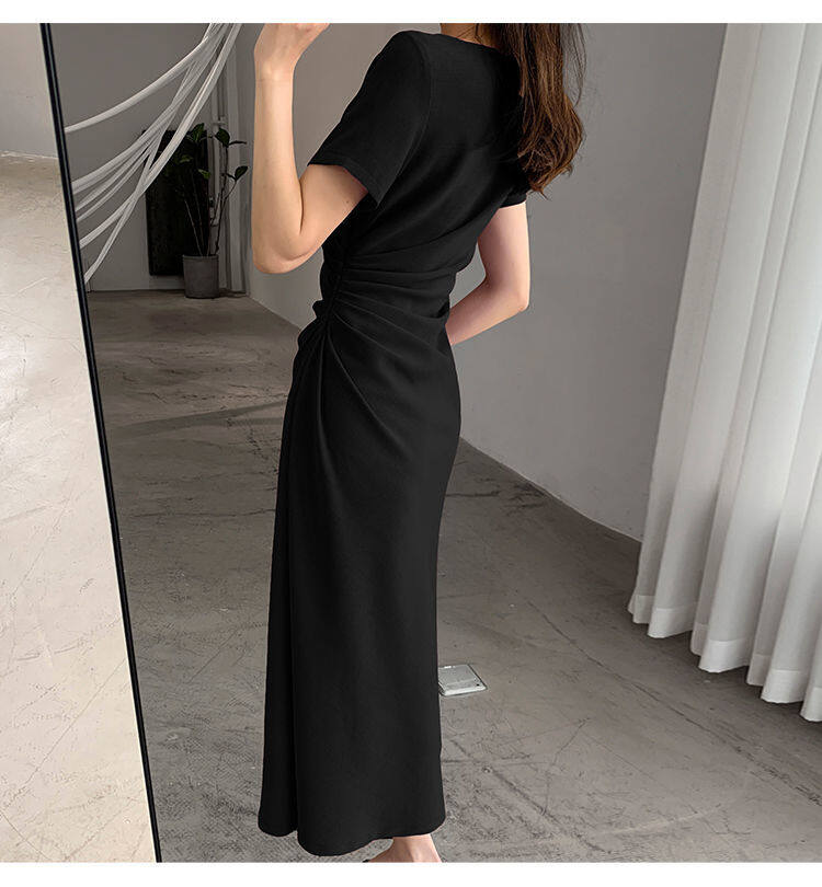 IELGY Đầm Màu Trơn Eo Cá Tính Phong Cách Pháp Cho Nữ