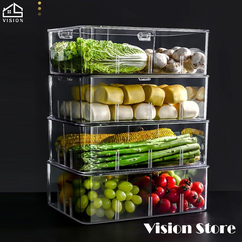 Vision Hộp Lưu Trữ Rau Quả Trong Suốt Crisper Tủ Lạnh Gia Đình Hộp Giữ Tươi Có Nắp Đậy Bằng Nhựa PET Hộp Đựng Phân Chia Chống Côn Trùng Và Chống Bụi