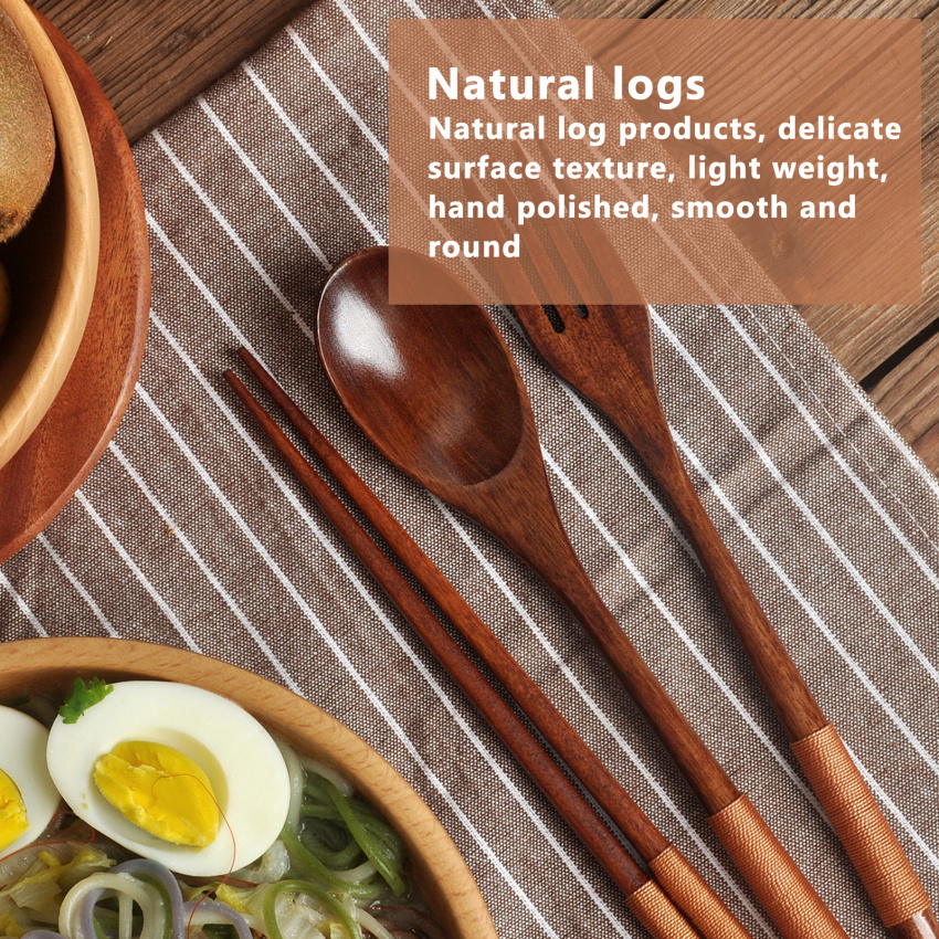 Wooden Flatware Set, 8.8"Chopsticks Spoon Fork Flatware Tableware Cutlery Set Travel Utensils Tied Line Reusable Flatware for Camping,Picnic,Office or Home (3 pcs )