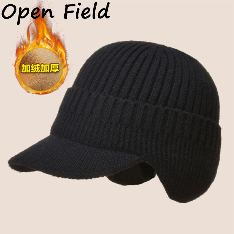 Field Men Winter Knitted Hat Outdoor Warm Thickened Windproof Ear Protection Cap Short Brim Solid Color Hat
