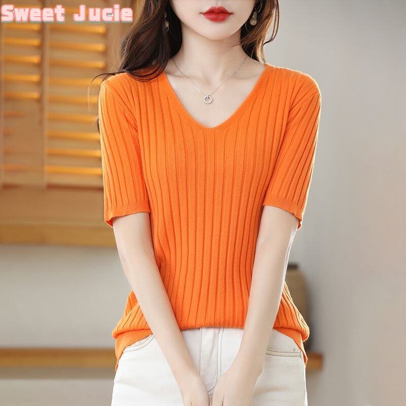 Áo Thun Nữ Sweet Juice Tay Áo 3/4 Hàn Quốc Cổ Tim Bó Sát Áo Thun Dệt Kim Ngắn Tay Cho Nữ