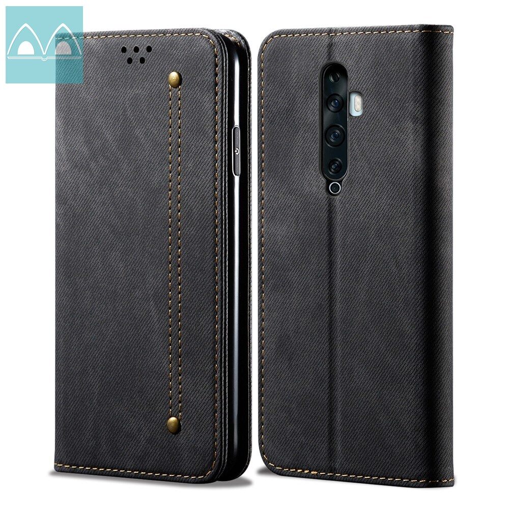 For OPPO Reno 2/Reno 2Z/Reno 2F Cover Fashion Retro Jeans Style Magnet Flip Leather Protective Case with Stand Card Slots Casing