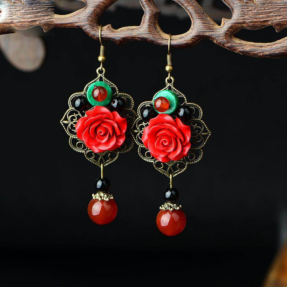 Kemstone Retro Agate Red Flowers Women Dangle Earrings Jewelry Gift