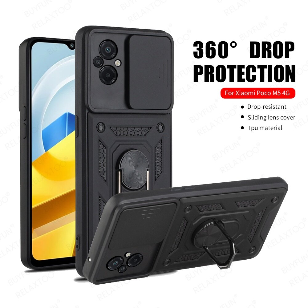 For Xiaomi Poco M5 M5s PocoM5 Shockproof Armor Phone Case Business Push Pull Camera Protection Case With Metal Ring Holder Bracket Hard Back Cover casing