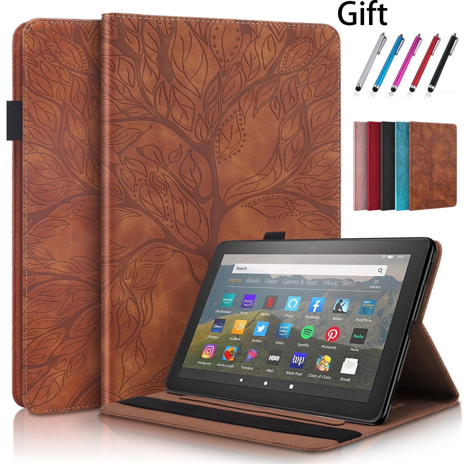 Tab Case For Kindle Fire HD 10 2021 HD10 2017 2015 2019 Cover Life Tree Pattern Tablet Shell Fire HD 10 inch Coque Stylus