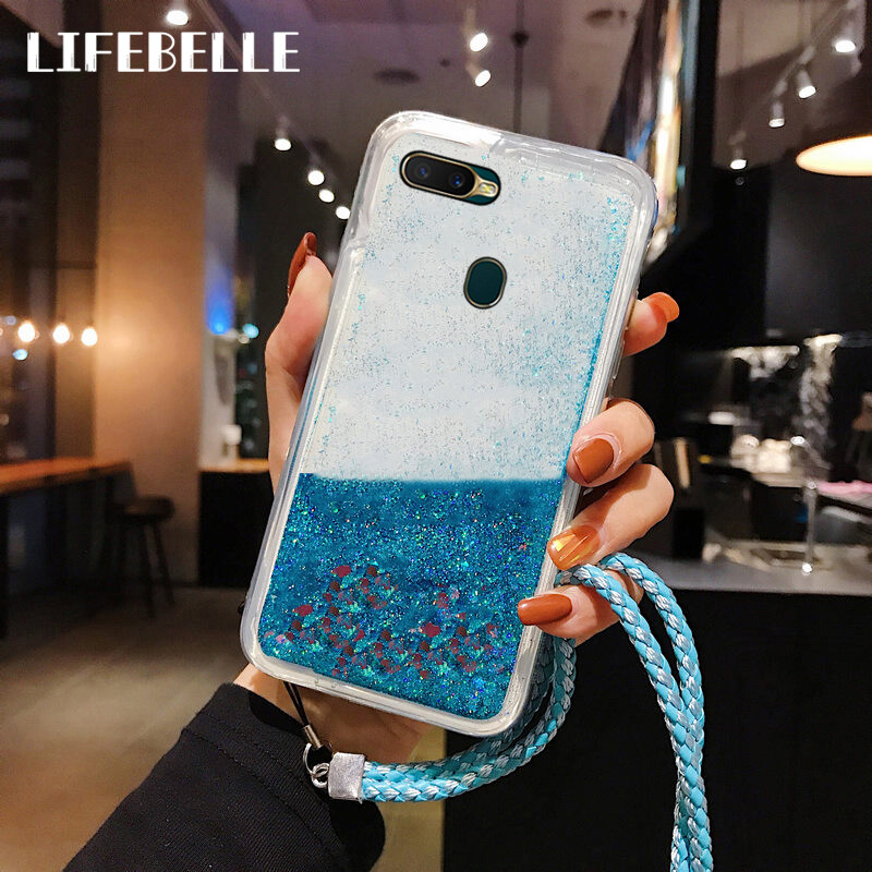 LIFEBELLE For OPPO A12 / A7 / A5s / F9 / Realme 2 Pro Case with Long Lanyard, Luxury Glitter Stars Dynamic Sparkle Liquid Quicksand Pretty Phone Case Clear Silicone Shockproof Casing Back Cover Girls