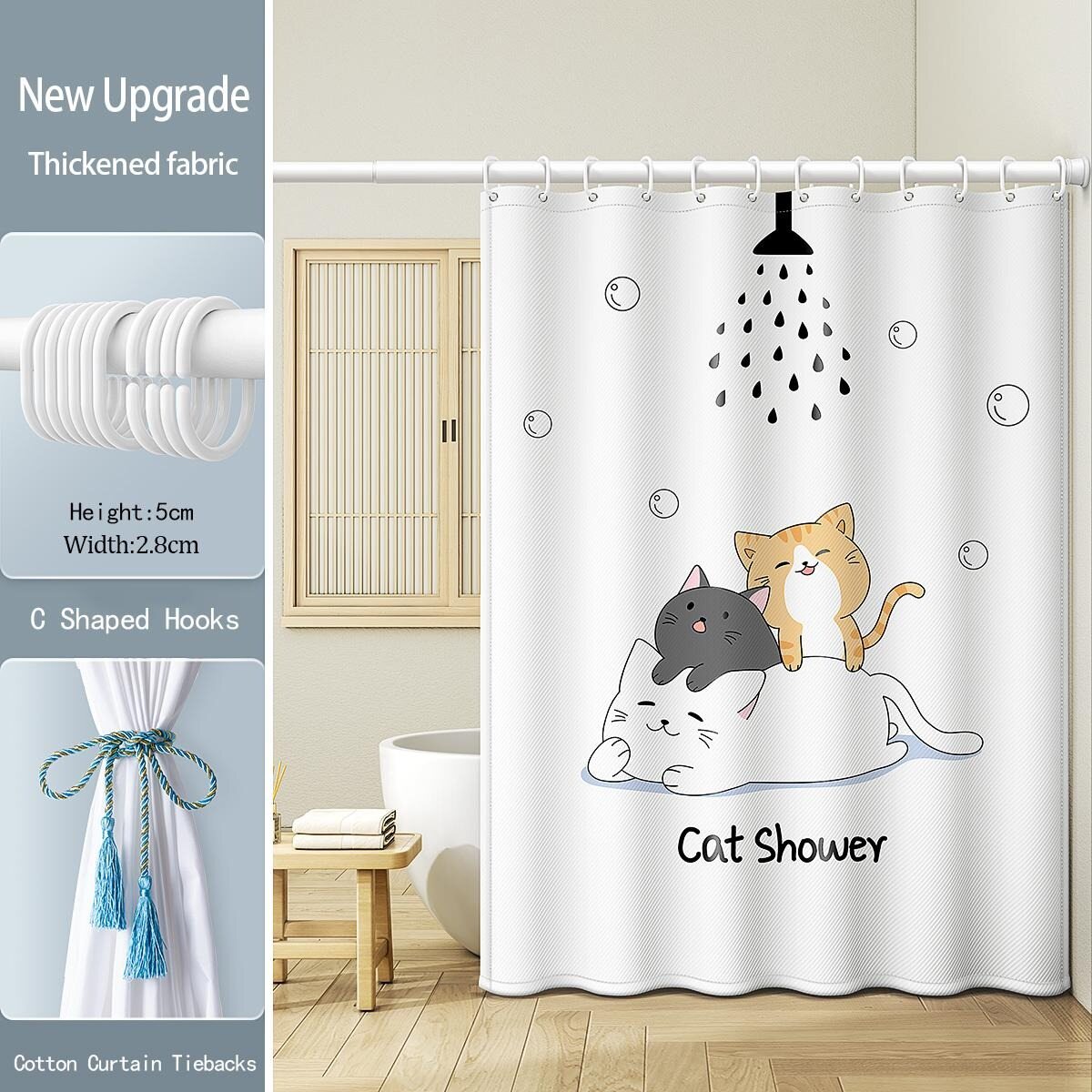 Shower Curtain, Polyester Weighted Striped Fabric Shower Curtain Set with Hooks, Water Repellent, Bohemian Vintage Country Cloth Shower Curtain for Bathroom