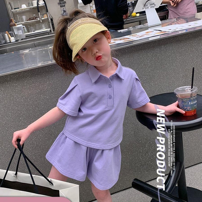 YADOU girls' summer short sleeve sports suit Children's fashion casual solid color POLO shirt two-piece set