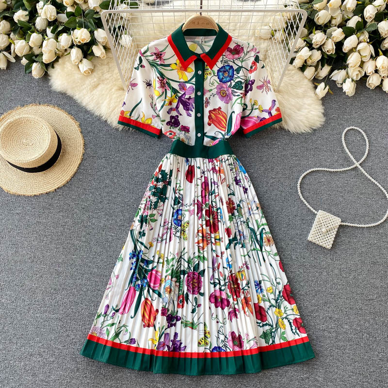 Women Party Dress Summer Vintage Printed Pleated Dresses Elegant Lapel Floral Dress Short Sleeved Robe