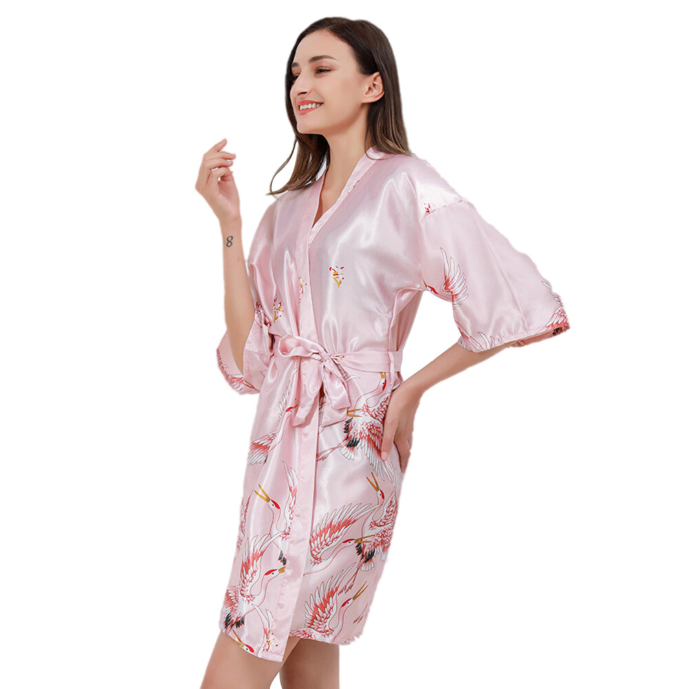 Cherise（beautiful 、 fashion and comfortable） Summer Women Ice Silk Fabric Lady Nightgown Crane Flower Print Short Bathrobe