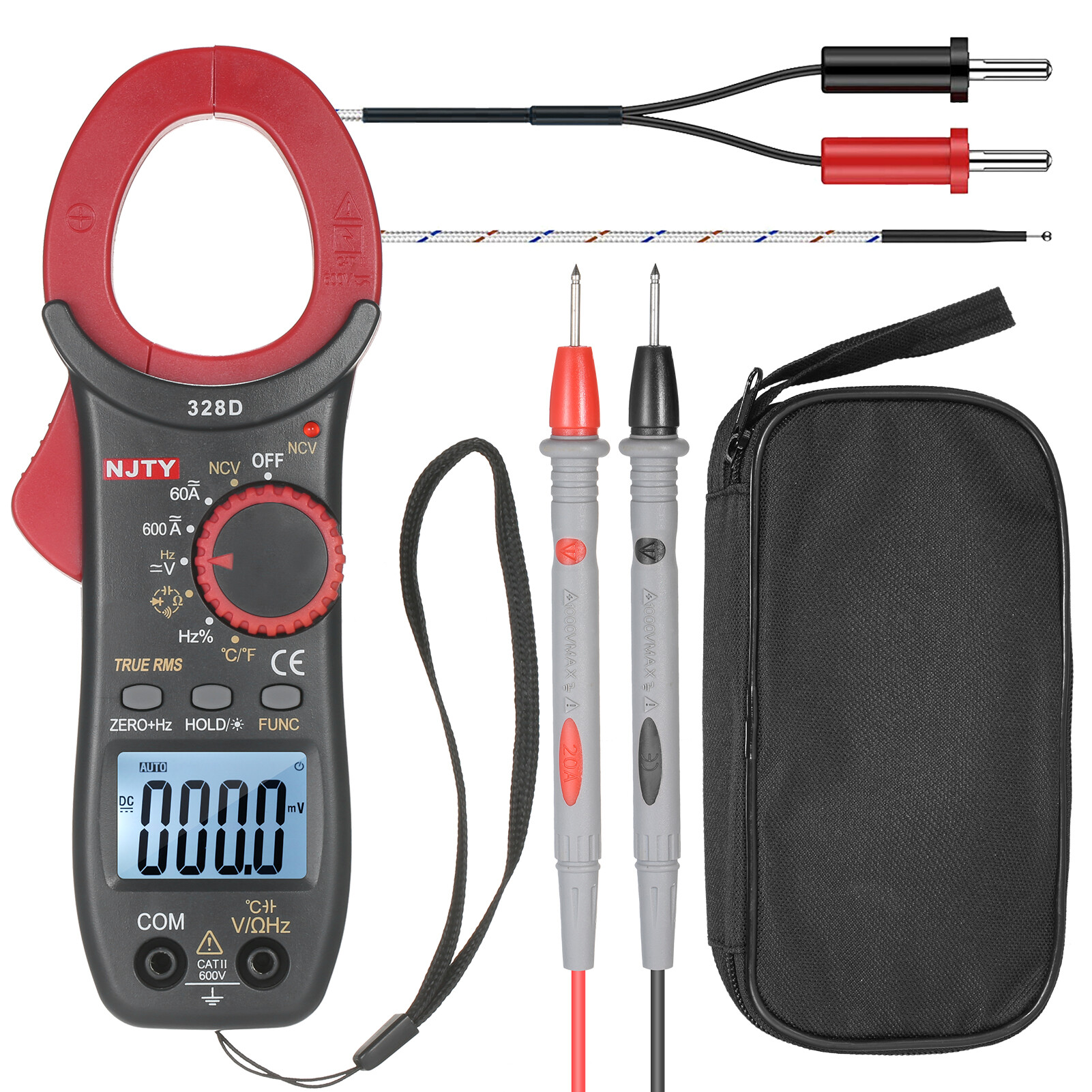 Njty 328d 600a ac clamp meter auto range 6000 counts 1.6-inches lcd digital ac true rms ncv clamp type universal meter multipurpose for measuring ac/dc current ac/dc voltage temperature resistance frequency capacitance diodes and buzzer