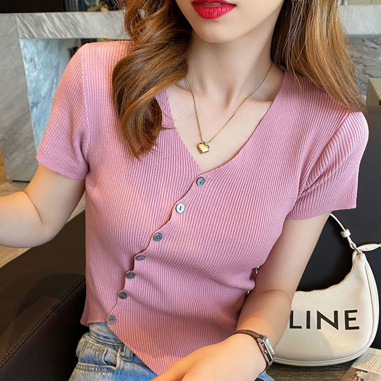 Áo Len Ngắn Tay Lụa Băng, Áo Thun Nữ Mùa Hè Độc Đáo Mới Áo Mỏng