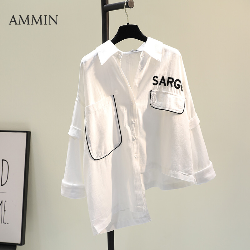 AMMIN Áo Sơ Mi Vải Lanh Và Cotton Thêu Chữ Màu Trắng Bất Đối Xứng Áo Cánh