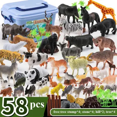 58 Pcs/1Set Big Jungle Animal Toys , Realistic Wild Plastic Animals Learning Toys