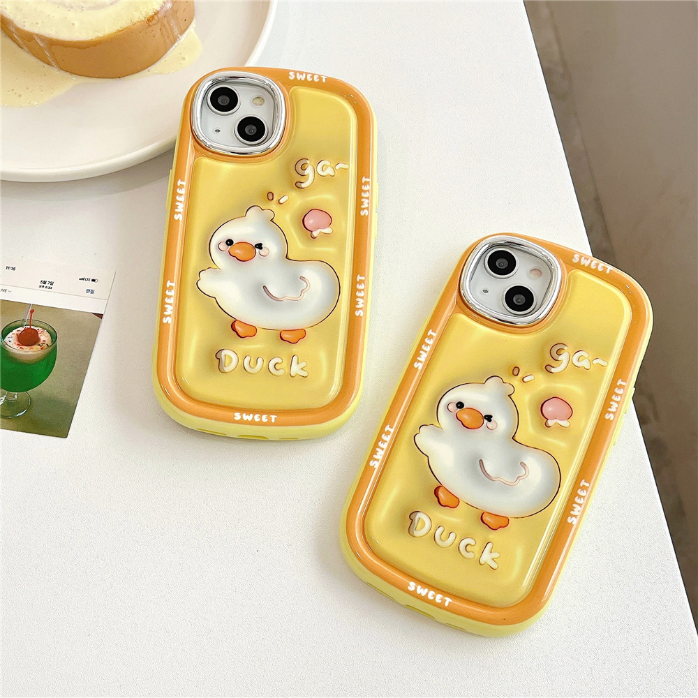 High Quality Electroplating Case for IPhone 11 12 13 14 Pro Max Casing Cute Cartoon 3D English Duck Back Cover Couple Shockproof Phone Case