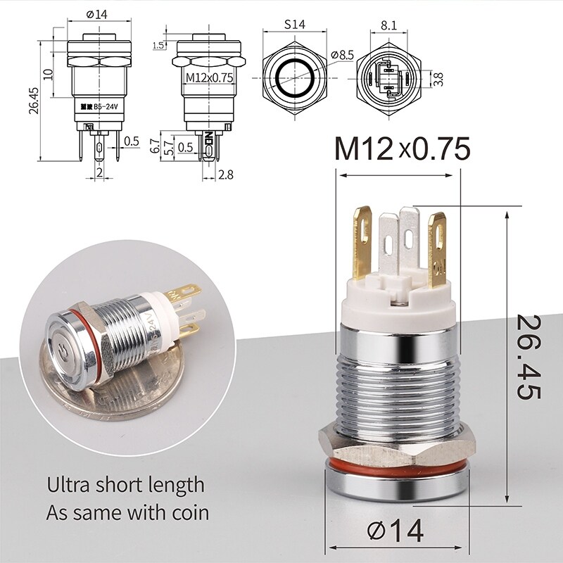 [GAMA] LANBOO 12mm 7A high current 4 pin switch waterproof IP67 latching or momentary micro metal push button switch with LED 24V220V