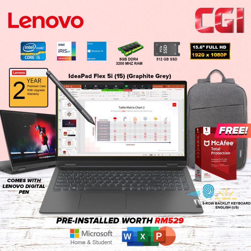 Lenovo 15.6 Laptop Ideapad Flex 5i Intel Core i5-1135G7 Processor Intel Iris XE Graphics W10H 8GB RAM 512GB SSD Office Home & Student 2019(82HT000VMJ)-Graphic Grey Malaysia