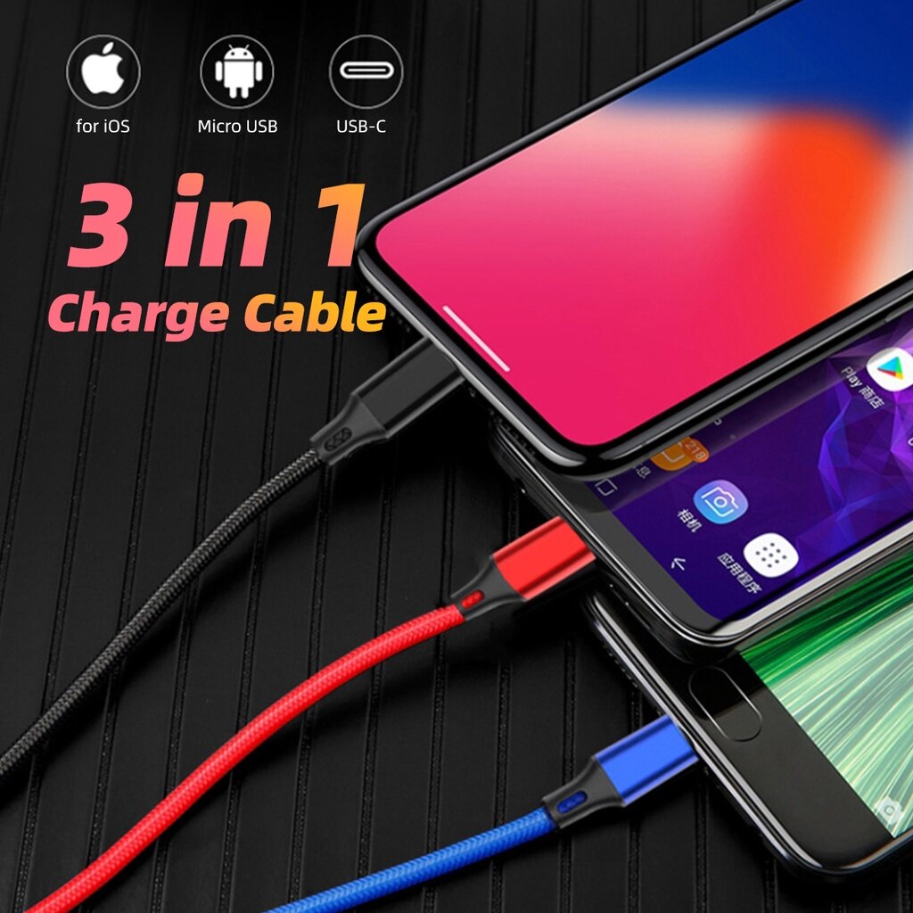 Fonken Cáp Ngắn 30Cm Cáp 3 Trong 1 Dây Sạc Usb Cáp Sạc Nhanh 2.4a Cho Iphone Huawei Cáp Type C