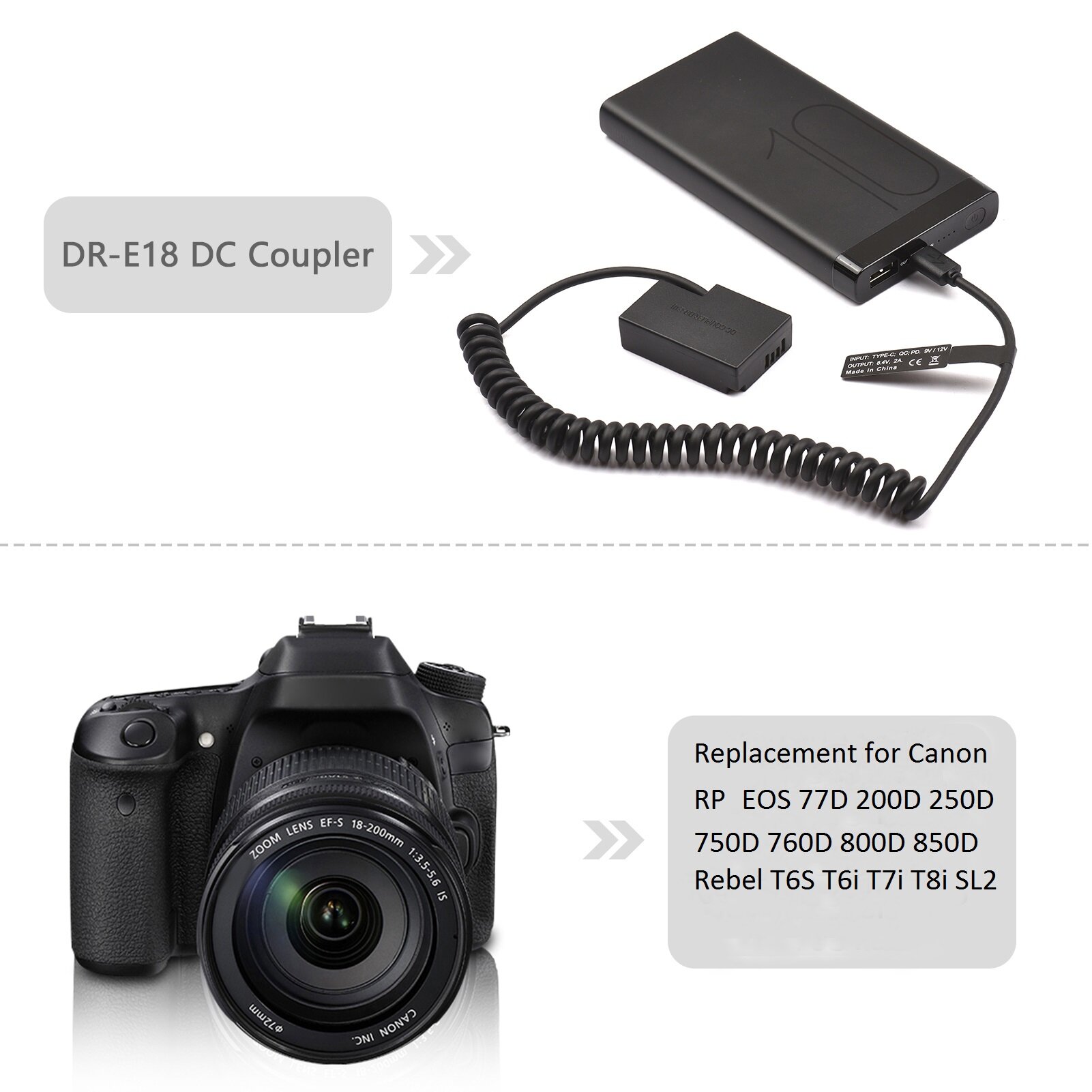 Type C to DR-E18 DC Coupler LP-E17 Dummy Battery Replacement for Canon RP  EOS 77D 200D 250D 750D 760D 800D 850D Rebel T6S T6i T7i T8i SL2