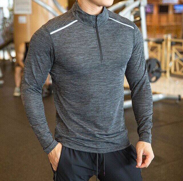 Men's Zipper Stand Up Neck Quick Dry Breathable Running Fitness Long Sleeve T-shirt Gym Elasticity Sweatshirt Fitness Trainer Compression Sport T-shirt for Running Exercise Bodybuilding LongSleeves Tops Plus Size