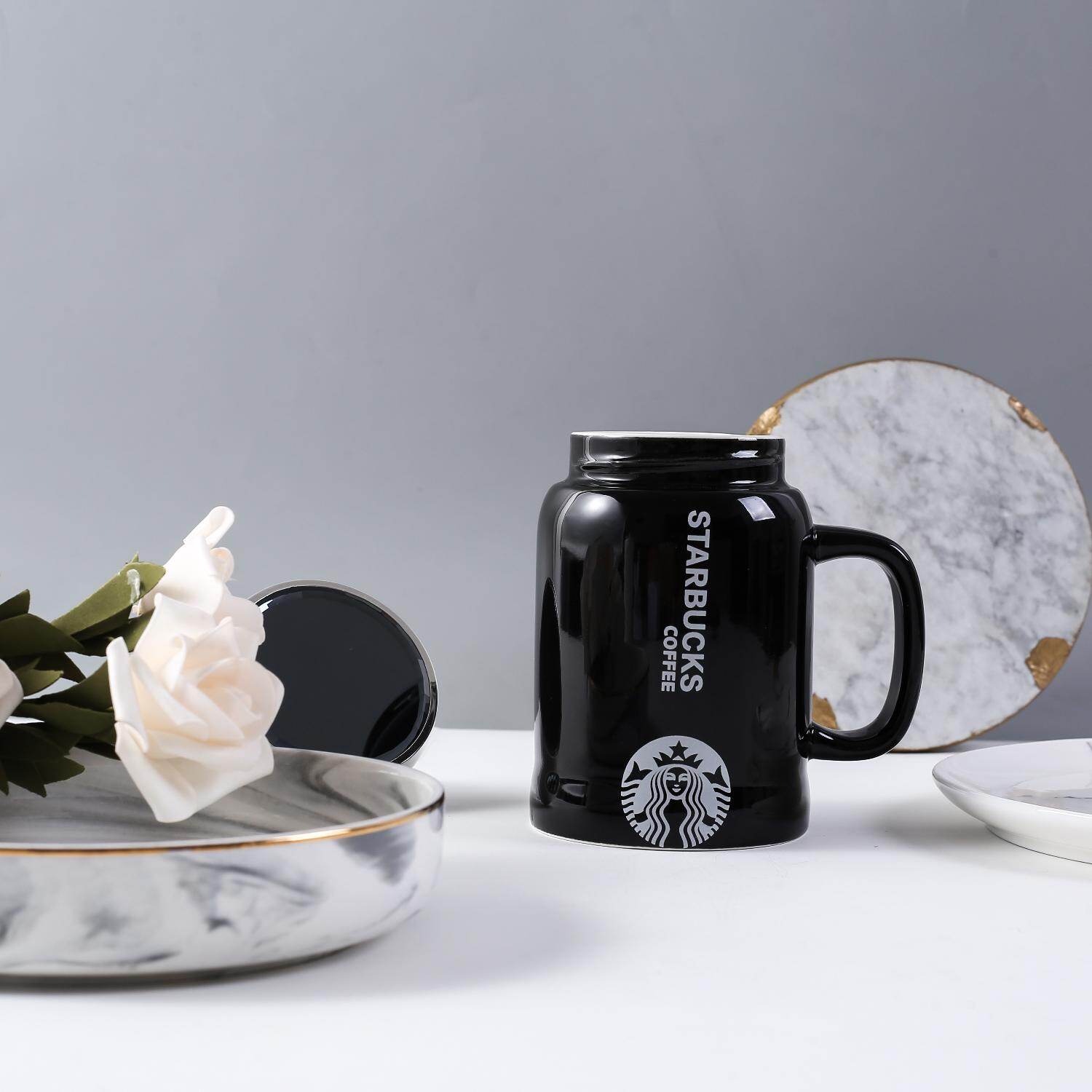Cốc Gốm Starbuck Có Tay Cầm Nắp Cốc Cà Phê Uống Có Thìa