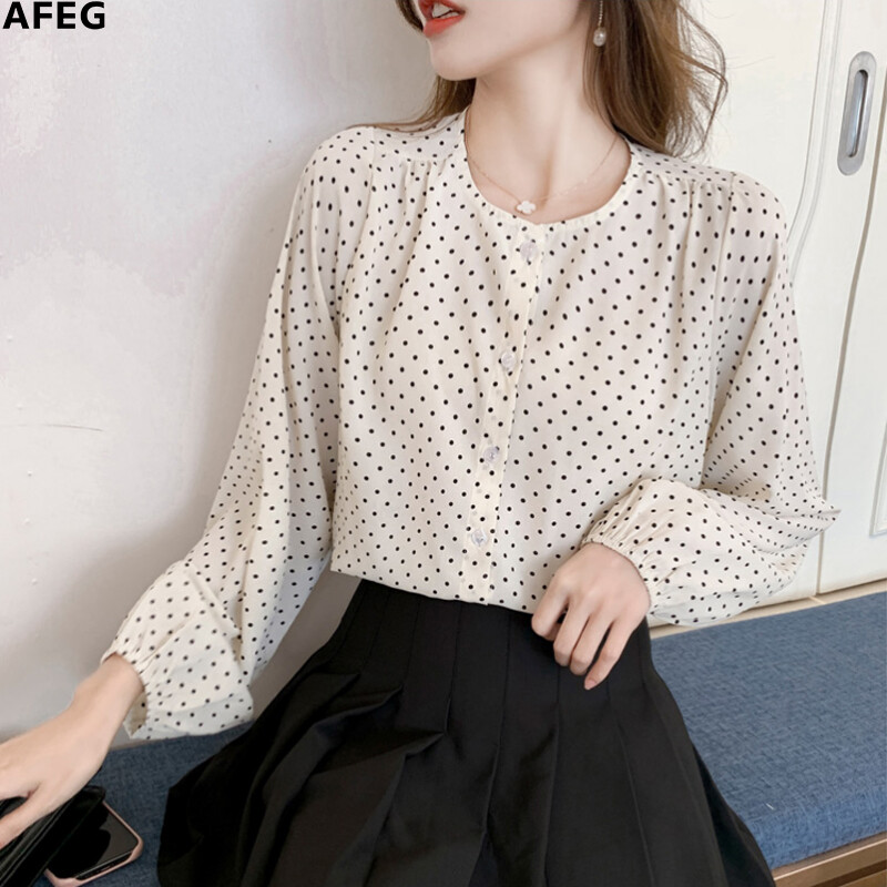 AFEG new Korean round neck fashion loose wild polka dot chiffon long sleeve blouse for women