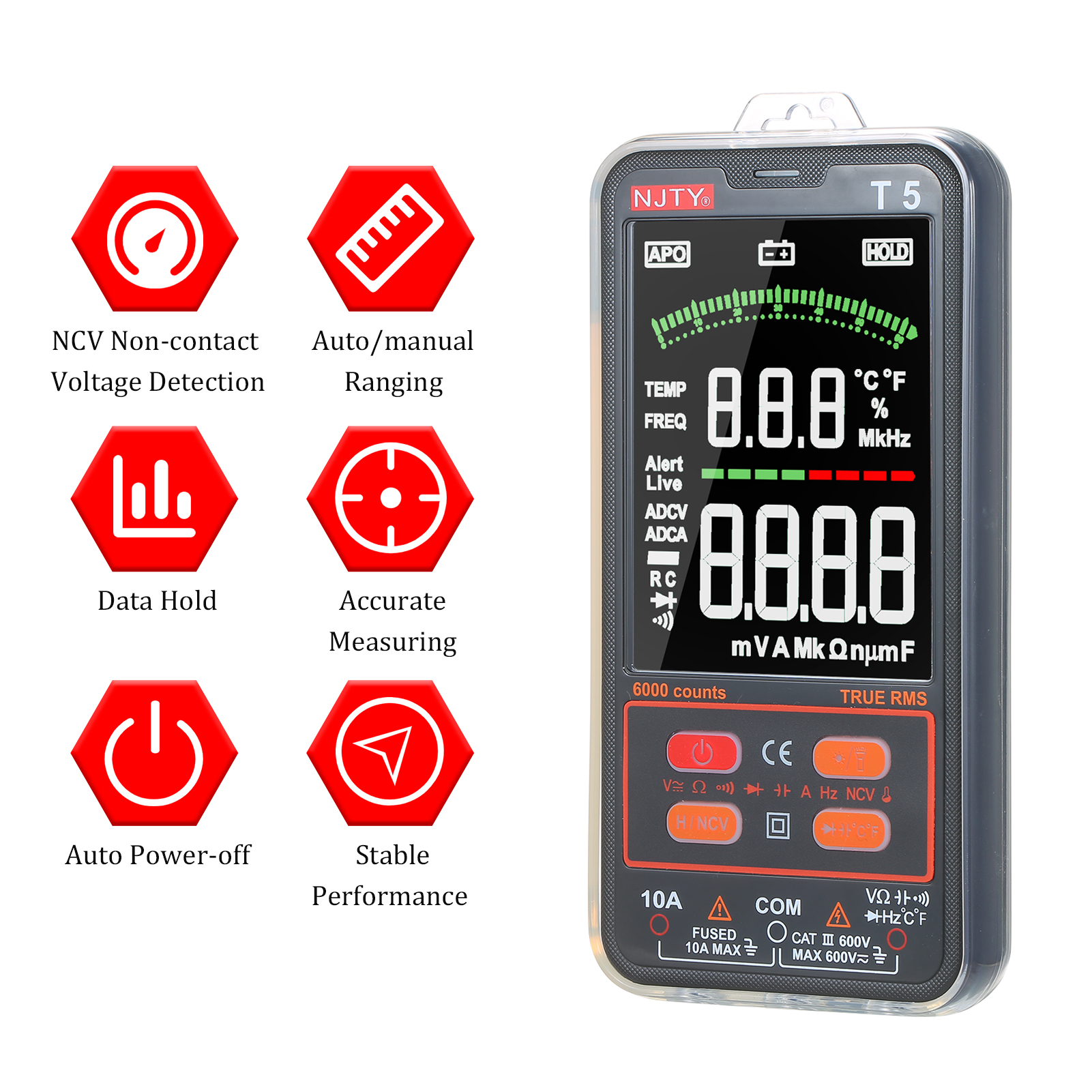 NJTY T5 6000 Counts True RMS Multimeter Digital Universal Tester 3.8-inches Large LCD Display Multi-Tester 600V Voltmeter 10A Ammeter AC/DC Voltage & Current Resistance Capacitance Temperature Diode Buzzer NCV Measurement with Dual Flashlight