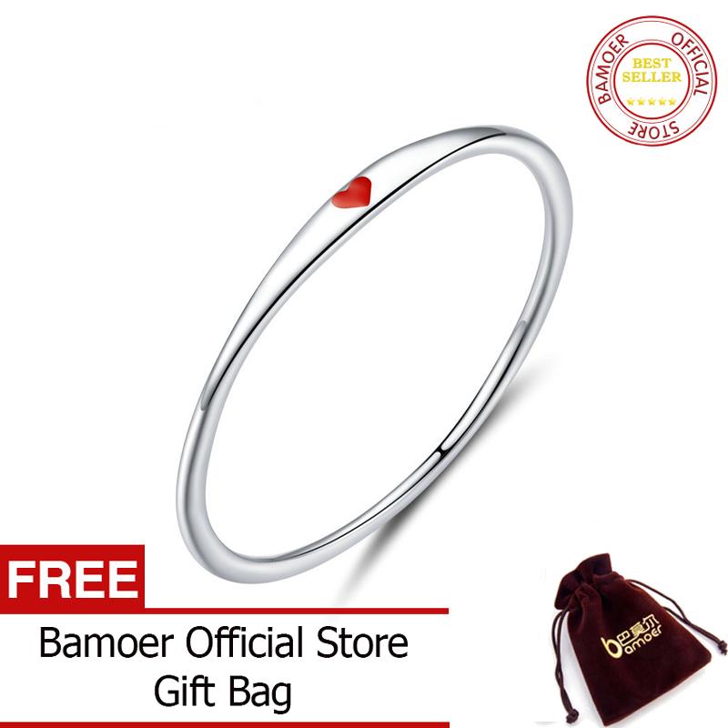 BAMOER 925 Sterling Silver Round Circle Finger Ring Simple Red Heart Engrave Rings for Women Wedding Engagement Jewelry SCR620