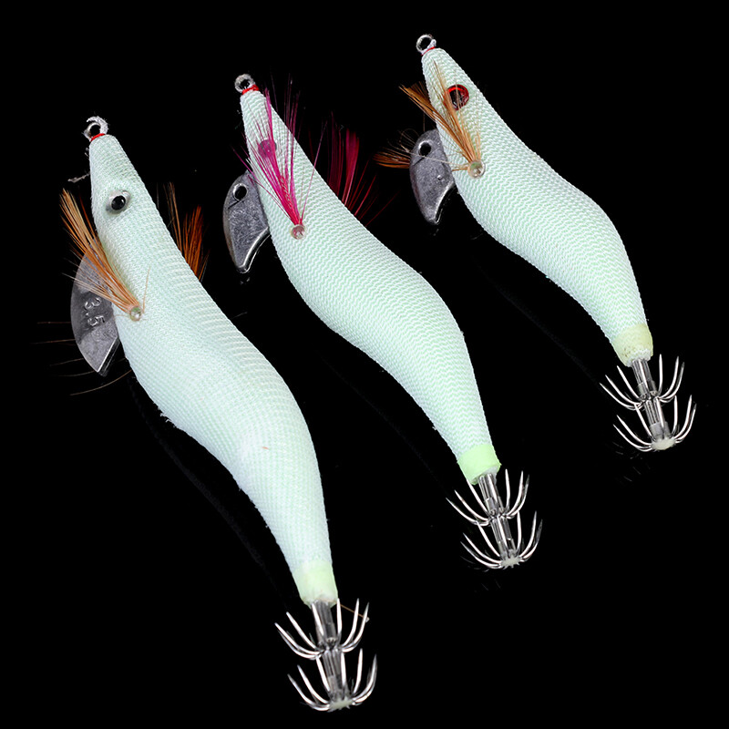 Jollic Luminous Squid Jigs Glow Wood Shrimp with Octopus Squid Jig Hook Fishing Lure