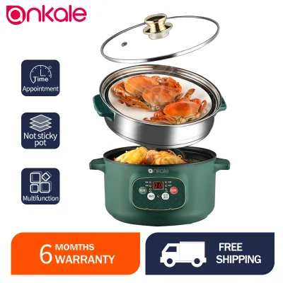 Electric Skillet 220V Frying Pan Hot Pot Steamer Integrated Mini Rice Cooker, Multi-function Stainless Steel Inner Electric Skillet, Non-stick Pot with Steamer Rice Cooker