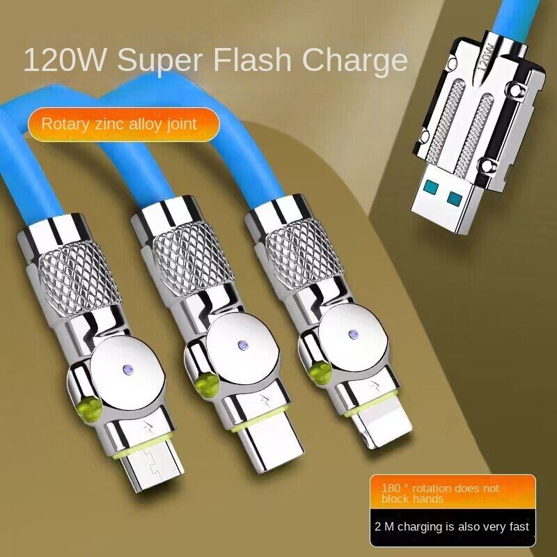 120W 3 trong 1 siêu nhanh Cáp Sạc Micro loại USB C gaming180 ° xoay dữ liệu cáp cho Huawei điện thoại thông minh Cáp silicon 1.2m