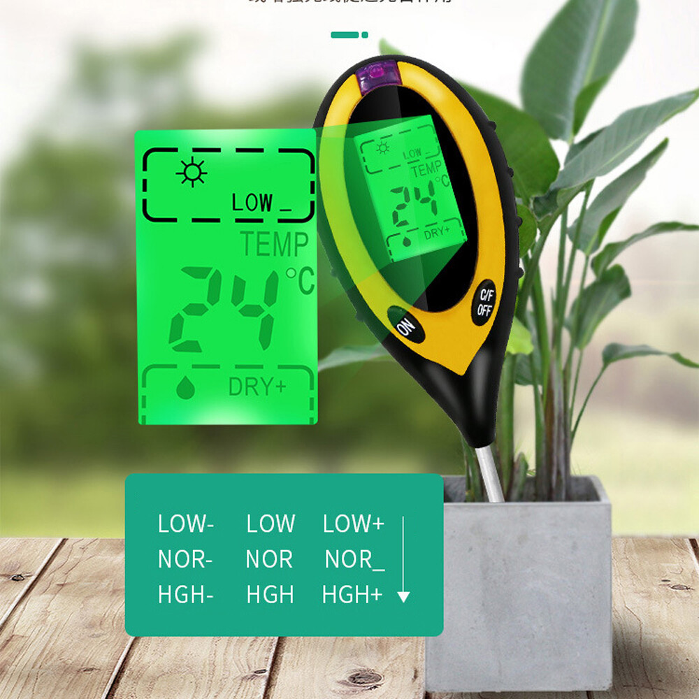 4in1 Digital Soil Analyzer Multifunctional Soil Tester Sunlight Intensity PH Value Moistures Temperature Detector Meter Potted Crops Planting Cultivating Tool with Dial for Field Garden Greenhouse