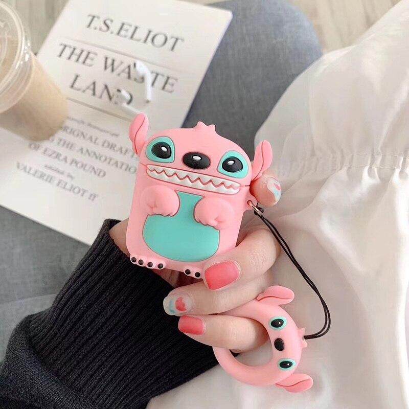Cute 3D Stitch Cartoon Silicone Protection with Ring Lanyard Wireless Earphone Charging Case for AirPods 1 2 Bluetooth Box Cover