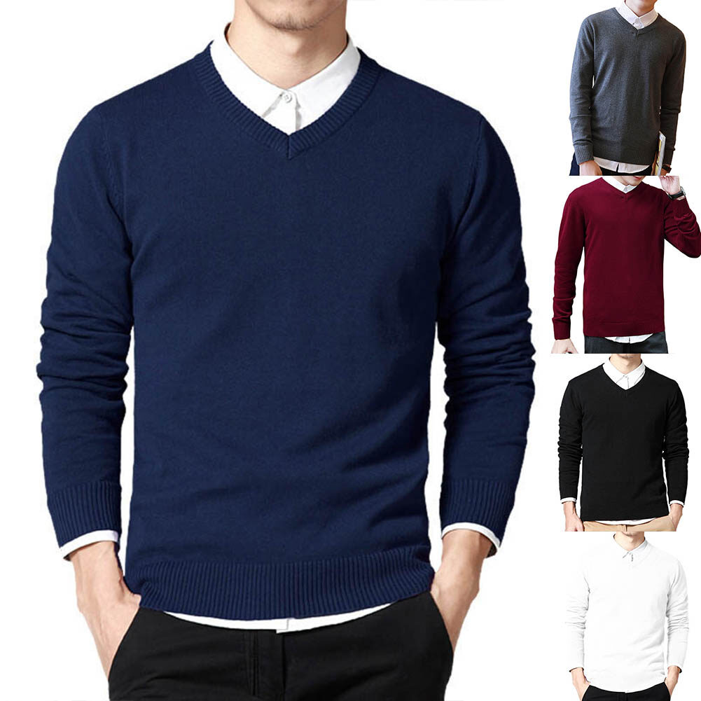 Men Solid Color V Neck Long Sleeve Slim Pullover Plus Size Knitwear Sweater