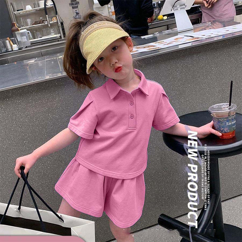 BAOLONGXIN girls' summer short sleeve sports suit Children's fashion casual solid color POLO shirt two-piece set