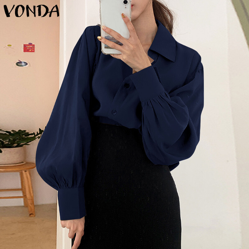 VONDA Women Fashion Pleated Puff Sleeve Casual Blouse Lapel Collar Button Up Shirts Tops