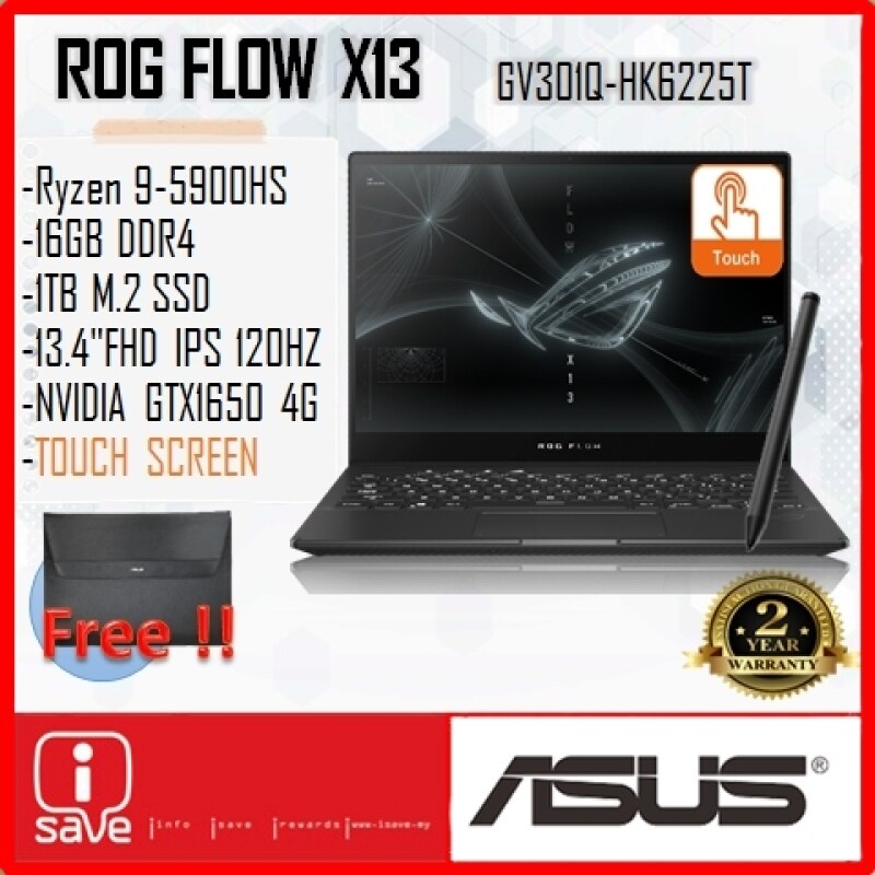 ASUS ROG FLOW X13 (GV301Q-HK6225T)/ Ryzen 9 5900HS/ 16GB RAM/ 1TB SSD/ GTX 1650/ 120Hz Touch Screen/ Windows 10 Home/ 2 Years Warranty Malaysia