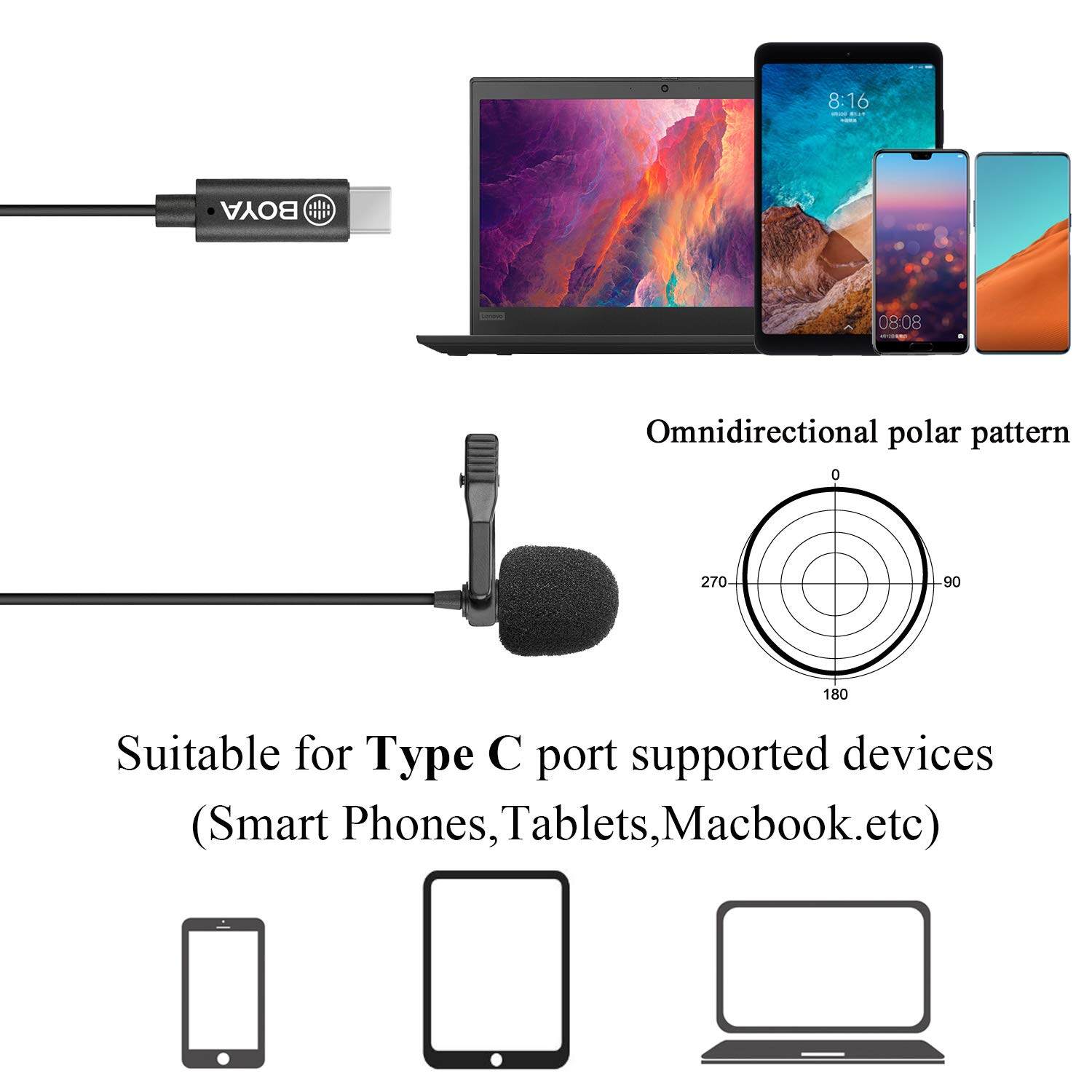 Micrô Lavalier đa hướng Boya BY-M3 cho USB-C thiết bị Android (Chiều dài cáp 6M)