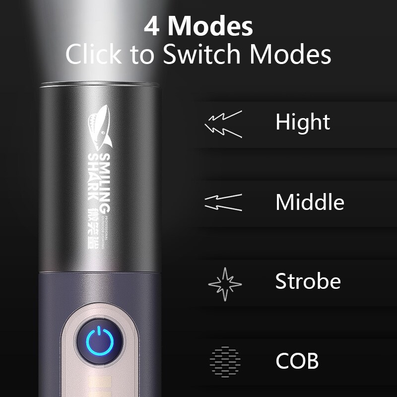 [AA TOOT]❇ Smiling Shark Mini Flashlight M77 COB Led Torch Light Super Bright Pocket Portable USB Rechargeable Zoomable With Hook Home Emergency Outdoor Camping Hiking Torchlight Lighting