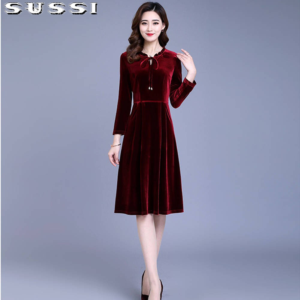 Yushu M-4XL Plus Size Dress Women's Gold Velvet Dress Cheongsam Dress New Women's Long Sleeve Large Size Pleated A-line Skirt