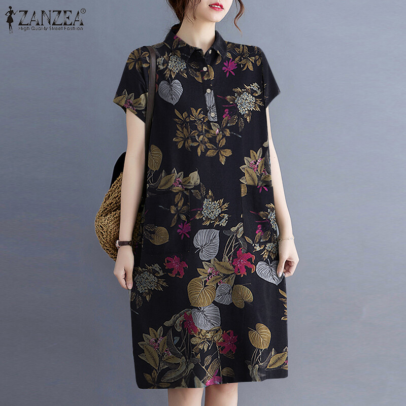 ZANZEA Women Casual V Neck Midi Dress Loose Floral Beach Vintage Sundress
