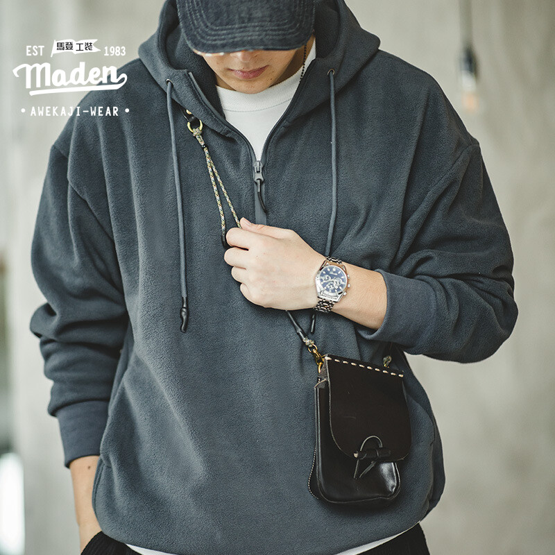 Maden brand tooling style men youth academic campus students Japanese retro army green polar fleece hooded sweater plus velvet base layering to wear male jackets