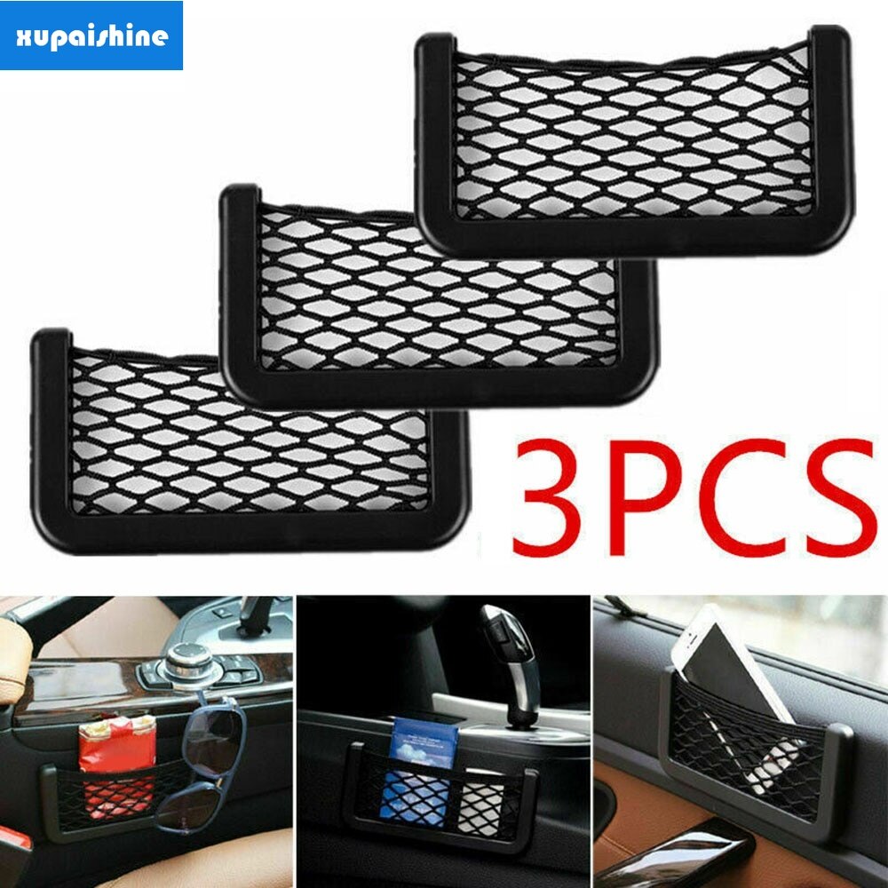 3PCS Universal Car Seat Side Back Storage Net Bag Phone Holder Pocket Organizer Double-Sided For Net Bag Car Van Storage Wallet Holder Net Organiser..