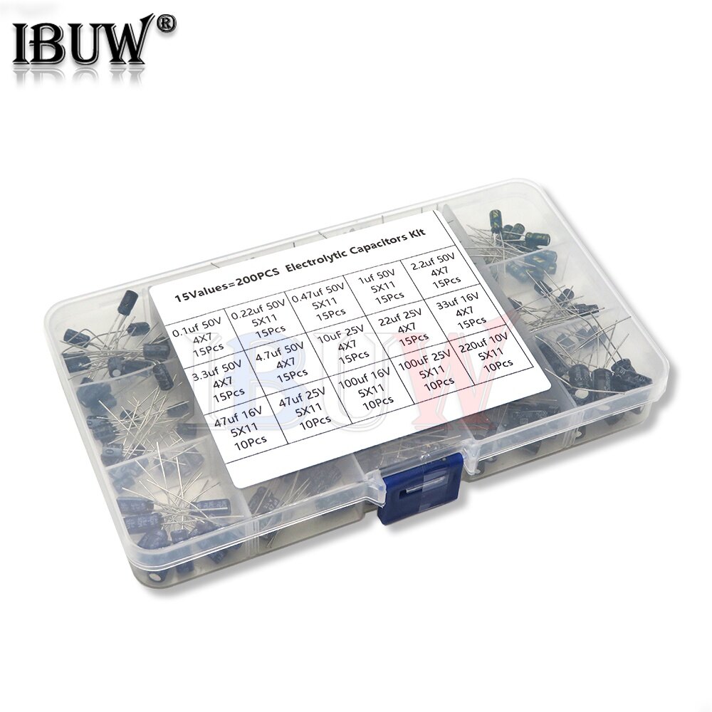 15 values 200pcs Electrolytic Capacitor Organization Storage 0.1-220uF Capacitors Assortment Box Kit